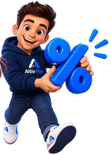 Mascote da Altiv One segurando um símbolo de porcentagem