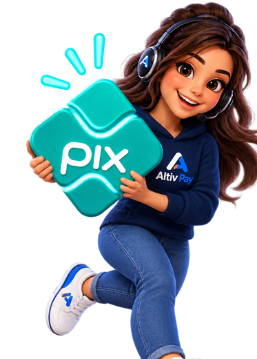 Naia, atendente da Altiv One, segurando o símbolo do Pix