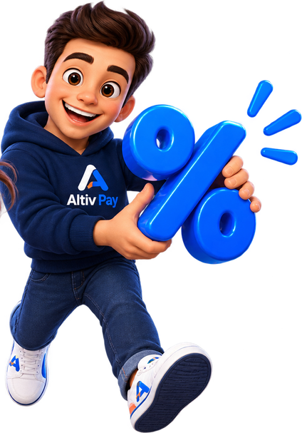 Mascote da Altiv One segurando um símbolo de porcentagem